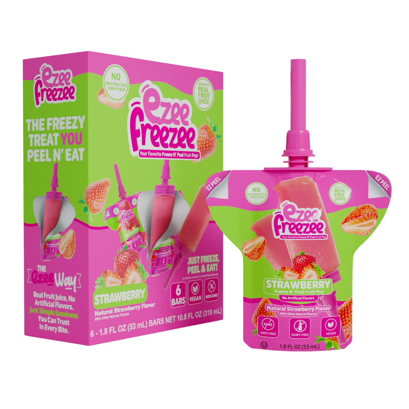Ezee Freezee Freeze & Peel Strawberry Fruit Pops – Made with Real Fruit Juice, No Artificial Flavors - 6 PK